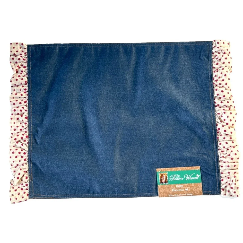 The Pioneer Woman Placemats Denim Red Polka Dot Reversible Ruffle 14x20 Set Of 4